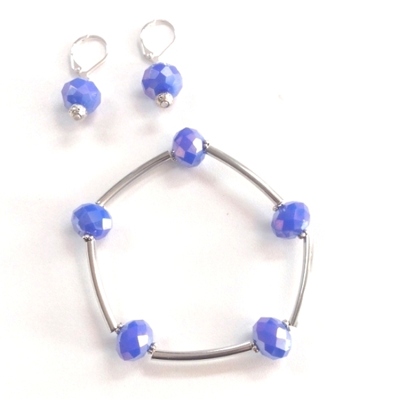 HANDMADE SILVER-PLATED OVER BRASS IRIDESCENT BLUE BRACELET/EARRING SET-NWOT - Picture 2 of 8